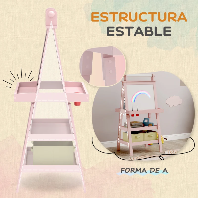 AIYAPLAY Pizarra Infantil Caballete 3 en 1 Caballete de Pintura para Niños de Doble Cara con Rollo de Papel y Cestas Rosa Palo