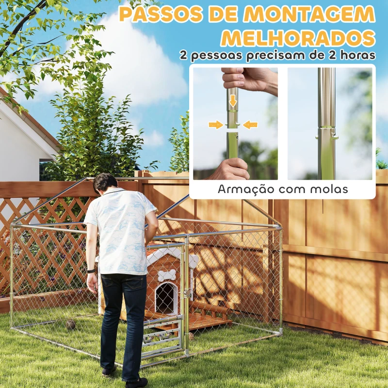 PawHut Canil Exterior com Toldo 2x2x1,54 m Gaiola para Cães em Aço Galvanizado com Suporte para Comida Giratório e Ajustável Prata