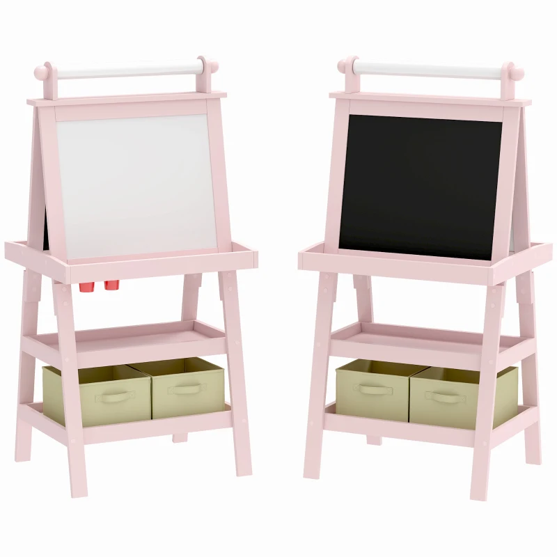 AIYAPLAY Cavalete de Pintura Infantil 3 em 1 Quadro Dupla Face com Rolo de Papel e Cestos de Arrumação Rosa