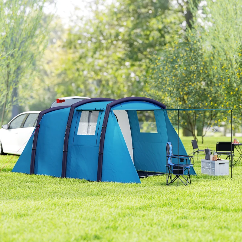 Outsunny Opblaasbare Campingtent 3-6 Personen Outdoor Tunneltent met Zijramen Deur Luchtsteunen 4,4 x 2,8 x 1,95 m Blauw