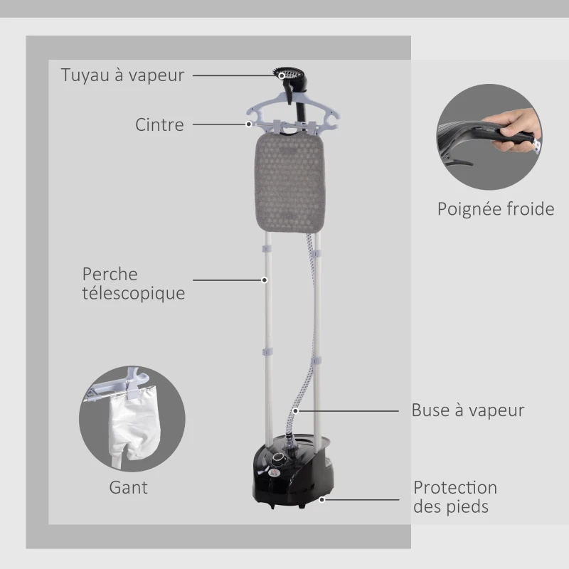 HOMCOM Défroisseur vapeur vertical 1950 W 32g/min, réservoir d'eau 2 L, tige télescopique, 11 températures réglables, noir
