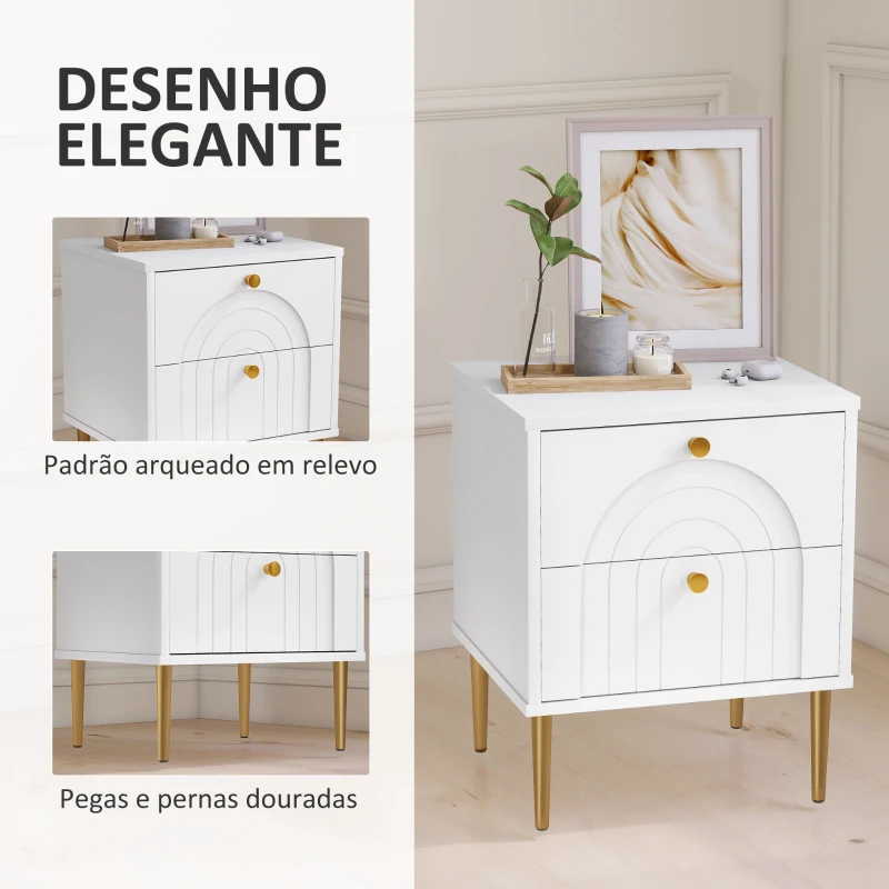 HOMCOM Conjunto de 2 Mesas de Cabeceira com 2 Gavetas e Pés de Aço Estilo Moderno 40x35x50 cm Branco