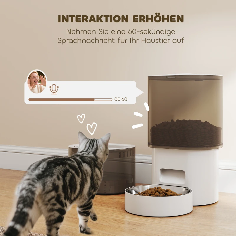 PawHut Automatischer Futterspender und 2,5 L Wasserspender für kleine Hunde, Katzen Weiß