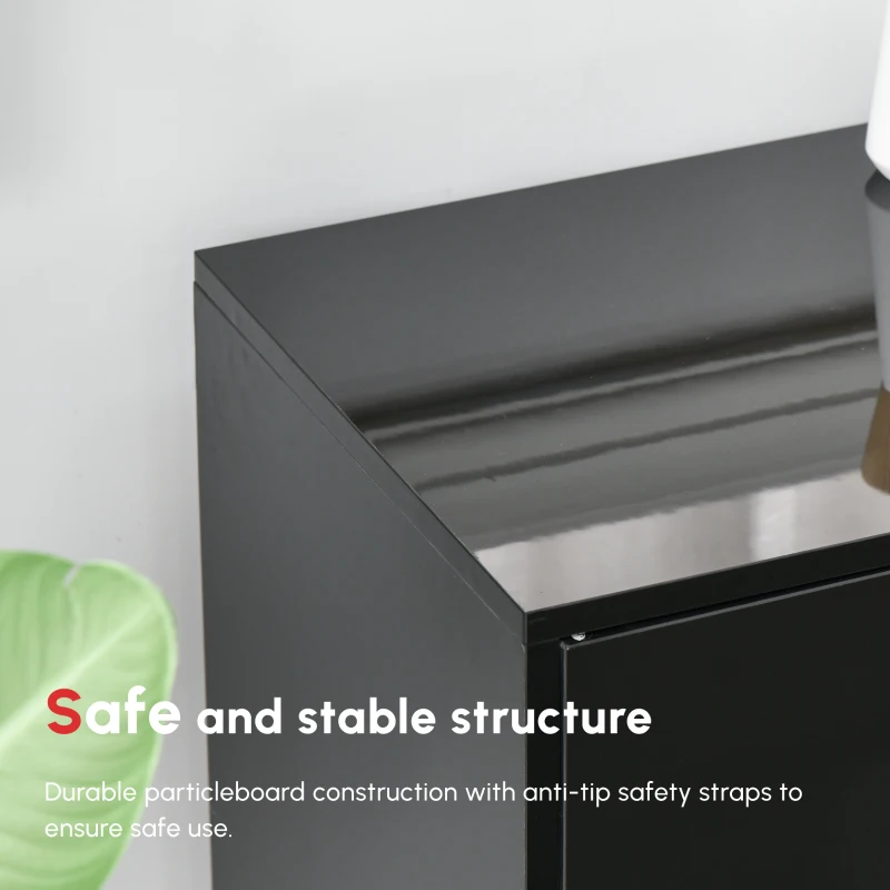 HOMCOM High Gloss Side Cabinet, Push-Open Design with 2 Drawers and 2 Cabinets for Living Room, 74H x 117W x 36Dcm, Black