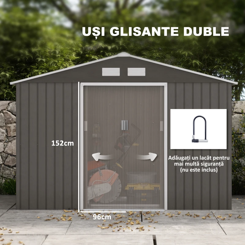 Outsunny Casuta Gradina Gri 277×191×192 cm – Din Lamiera de Fier(m-5)