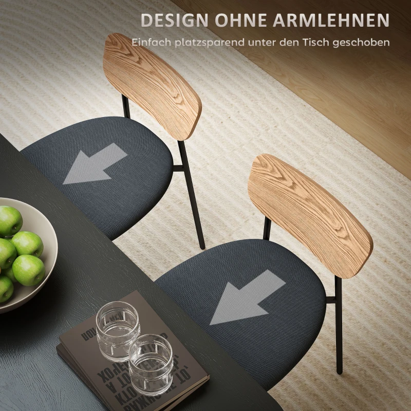 HOMCOM Set van 2 eetkamerstoelen in linnen-look, armloos ontwerp, metalen poten, Grijs