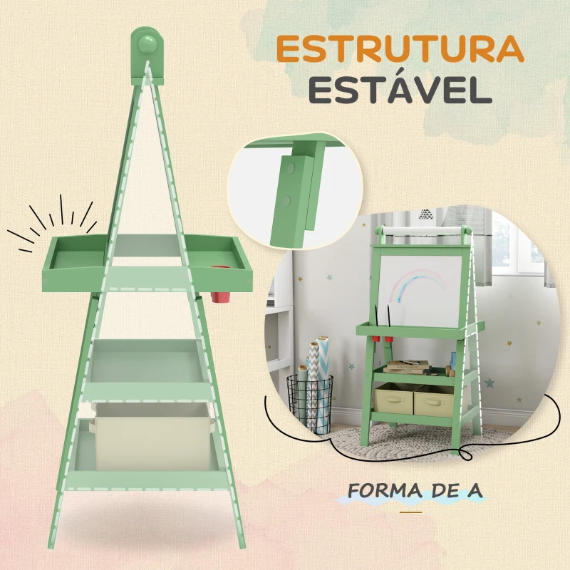 AIYAPLAY Cavalete de Pintura Infantil 3 em 1 Quadro Dupla Face com Rolo de Papel e Cestos de Arrumação Verde