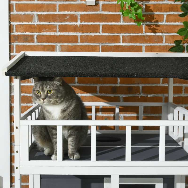 PawHut Kattenhuis voor buiten 4 Verdiepingen Met Balkon Asfaltdak Hout voor Dierenliefhebbers Grijs(m-8)