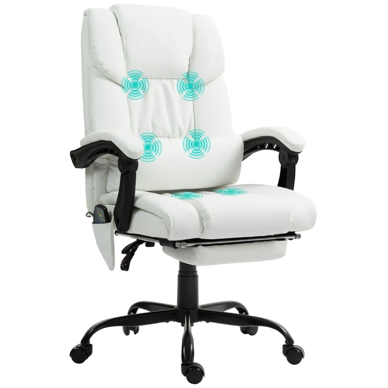 Vinsetto Cadeira de Escritório com Massagem de 6 Pontos Encosto Alto Reclinável Apoio para Pés e Controlo Remoto 66x75x112-122 cm Branco