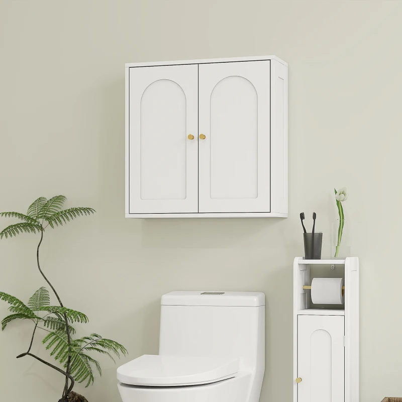 HOMCOM Mueble de Baño Colgar con Estantes 2 Puertas con Diseño de Arco Tiradores Dorados 60x20x60 cm Blanco