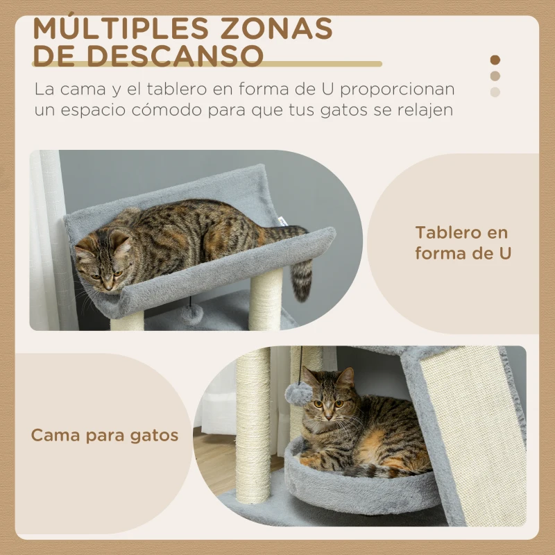 PawHut Mini Rascador para Gatos con Postes de Yute Plataforma en U Cama de Felpa y Juguetes Colgantes 60x30x76 cm Gris Claro
