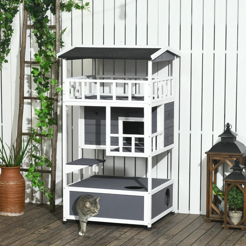 PawHut Kattenhuis voor buiten 4 Verdiepingen Met Balkon Asfaltdak Hout voor Dierenliefhebbers Grijs(m-10)