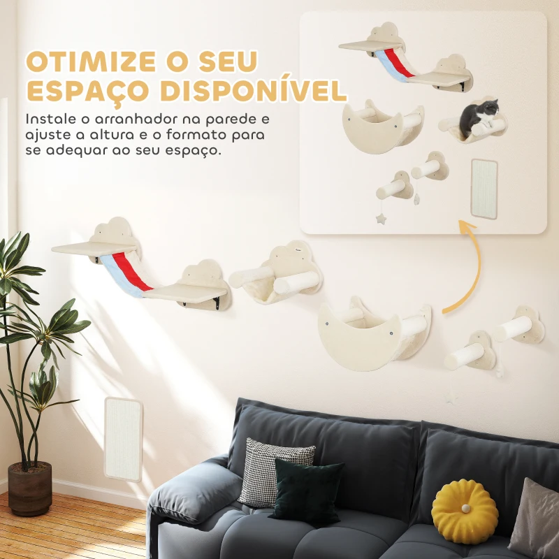 PawHut Conjunto de Prateleiras de Escalada para Gatos de 6 Peças com Rede Plataformas Escadas Tábua de Arranhar e Poste de Sisal Bege