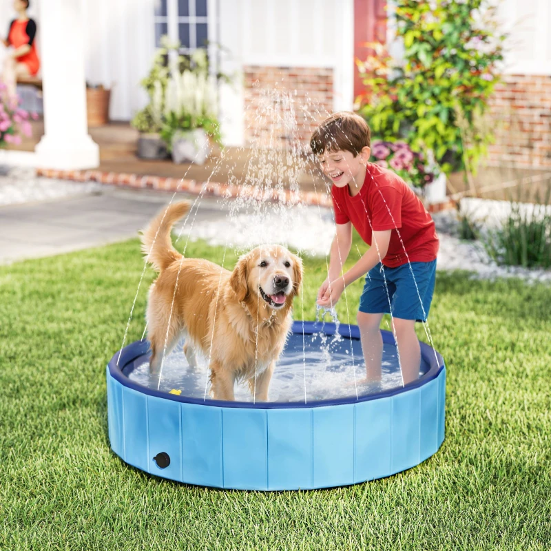 PawHut Piscina para Perros Grandes Plegable con Aspersor de PVC Antideslizante Resistente al Desgaste Ø120x30 cm Azul Claro