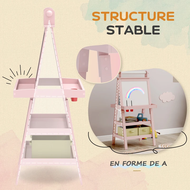 AIYAPLAY Tableau chevalet enfant 3 en 1 avec tableau blanc magnétique, tableau à craie, rouleau papier, 2 paniers, 3-6 ans, rose