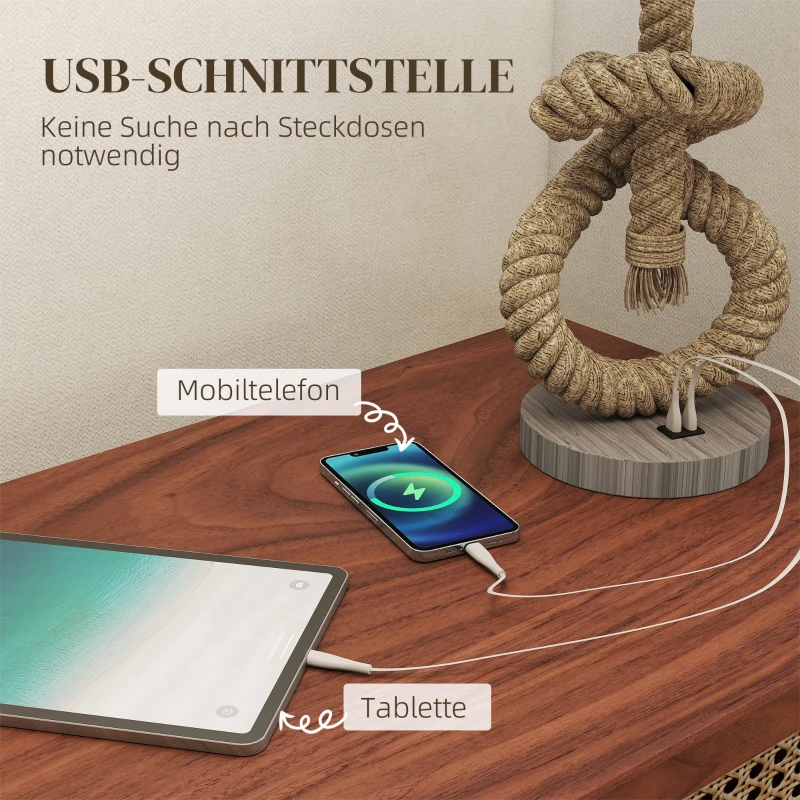 HOMCOM Tischleuchte im maritimen Stil, USB-Ladeanschluss, warm, Seil-Dekor, 30x30x55 cm