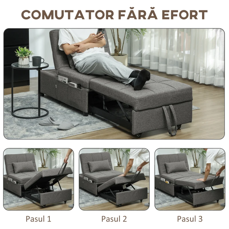 HOMCOM Fotoliu-Pat Individual 4 în 1 Convertibil în Șezlong și Taburet, 72x104x81 cm, Gri Închis(m-4)