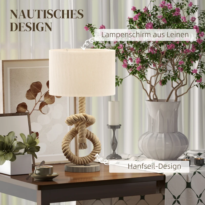 HOMCOM Tischleuchte im maritimen Stil, USB-Ladeanschluss, warm, Seil-Dekor, 30x30x55 cm