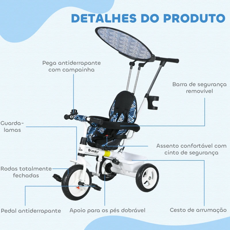 HOMCOM Triciclo para Bebés 2 em 1 Triciclo Evolutivo para Crianças com Toldo Dobrável e Guiador Telescópico 105x47x98 cm Branco