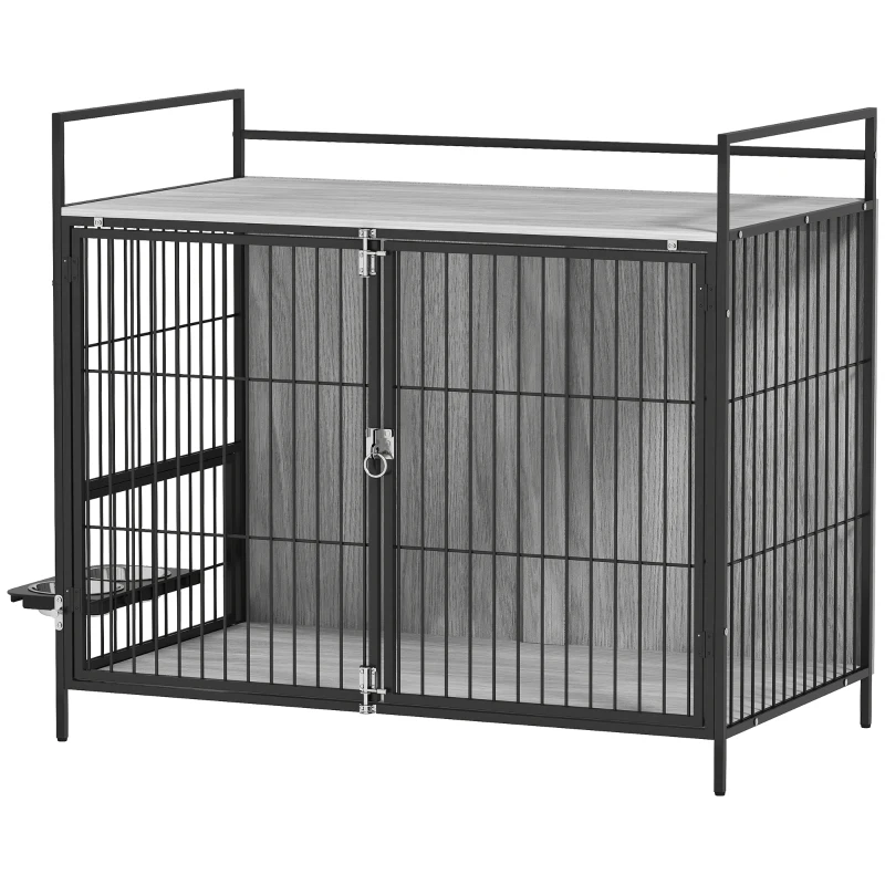 PawHut Large Dog Crate Furniture with Rotating Bowl Holder, 2 Bowls, 2 Doors, for Large Dogs, 100 x 60 x 88 cm, Grey