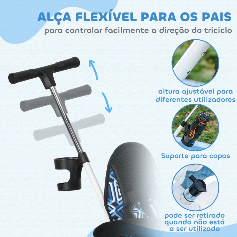 HOMCOM Triciclo para Bebés 2 em 1 Triciclo Evolutivo para Crianças com Toldo Dobrável e Guiador Telescópico 105x47x98 cm Branco