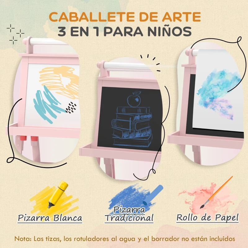 AIYAPLAY Pizarra Infantil Caballete 3 en 1 Caballete de Pintura para Niños de Doble Cara con Rollo de Papel y Cestas Rosa Palo