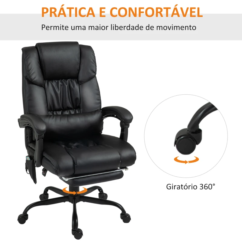 Vinsetto Cadeira de Escritório com Massagem de 6 Pontos Encosto Alto Reclinável Apoio para Pés e Controlo Remoto 66x75x112-122 cm Preto