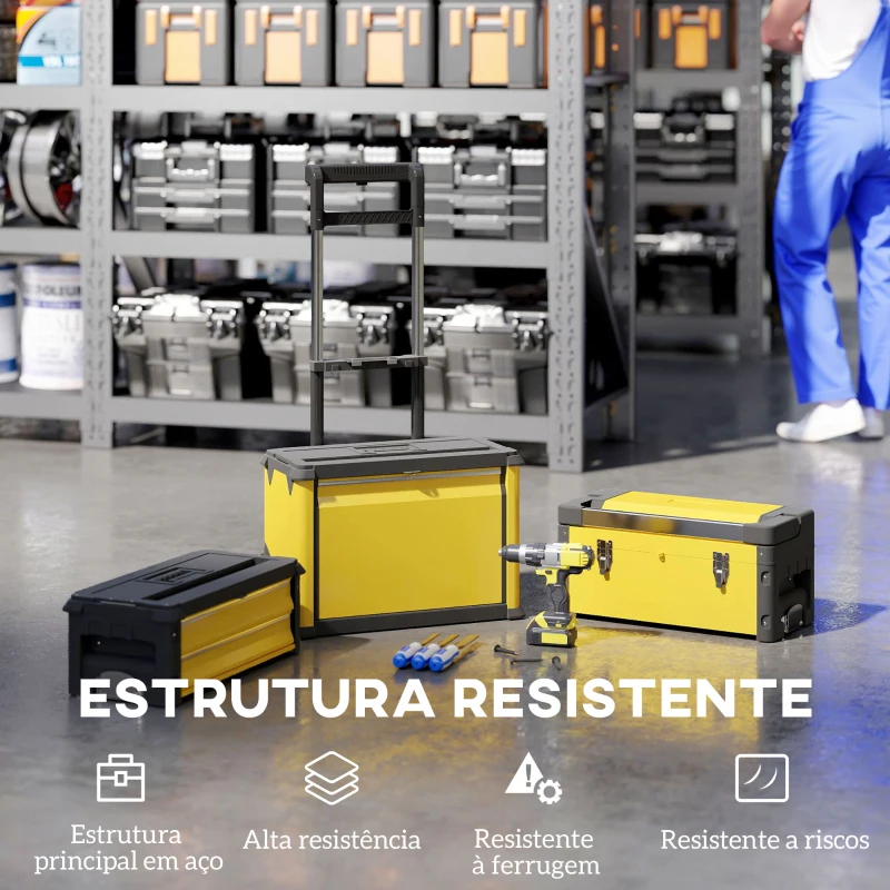 HOMCOM Caixa de Ferramentas Empilhável 3 em 1 Caixa de Ferramentas com Rodas Carro de Ferramentas de Aço  52x32x72 cm Amarelo e Preto