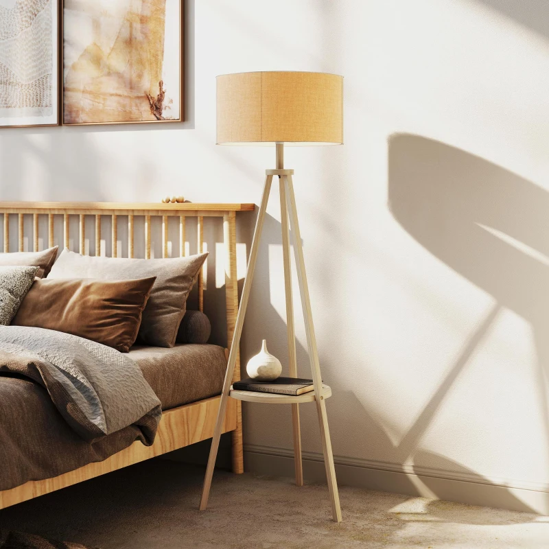 HOMCOM Candeeiro de Pé com Tripé com Estrutura em Madeira e Ecrã Similar ao Linho com Prateleira 48x48x153 cm Madeira e Cinzento