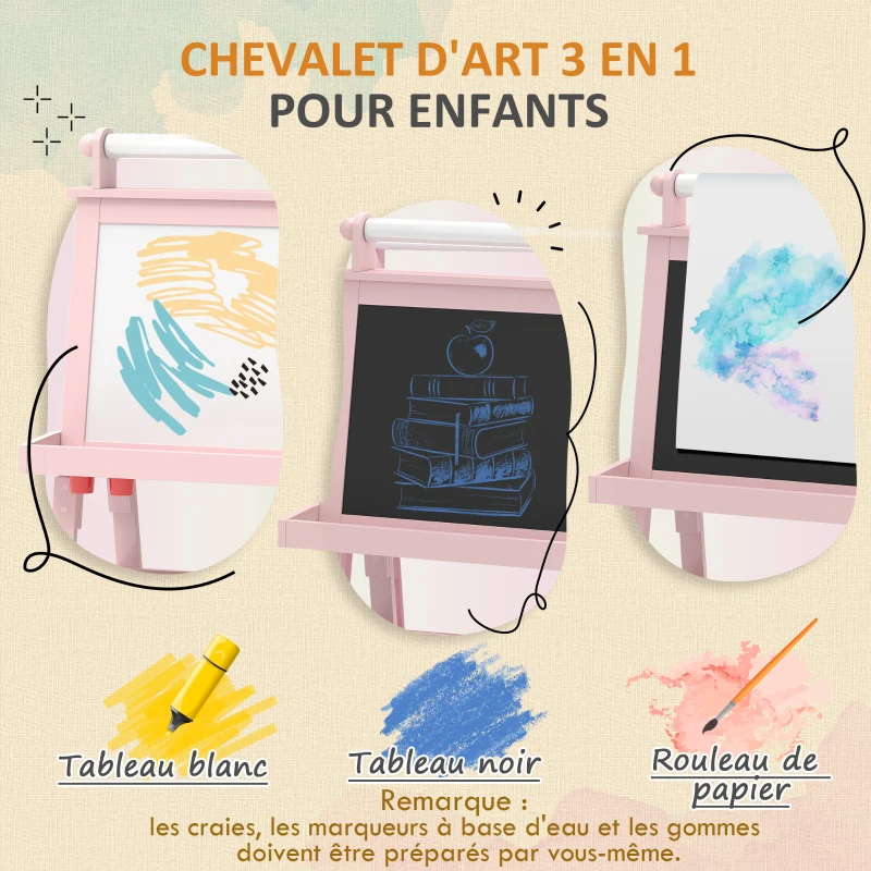 AIYAPLAY Tableau chevalet enfant 3 en 1 avec tableau blanc magnétique, tableau à craie, rouleau papier, 2 paniers, 3-6 ans, rose
