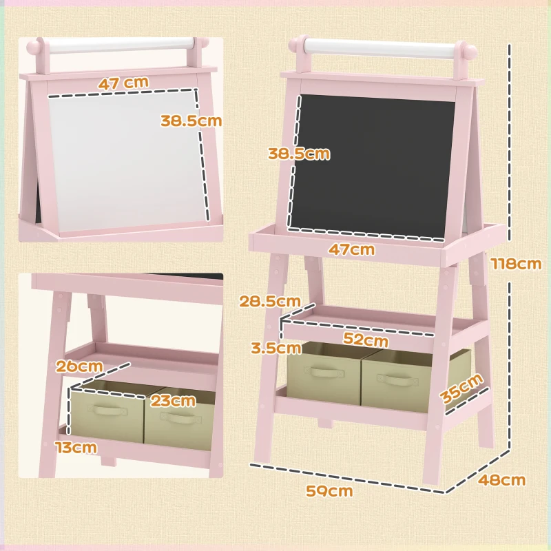 AIYAPLAY Lavagna per Bambini con Cavalletto 3 in 1, Rotolo di Carta e 2 Contenitori, in Legno, 59x48x118 cm, Rosa