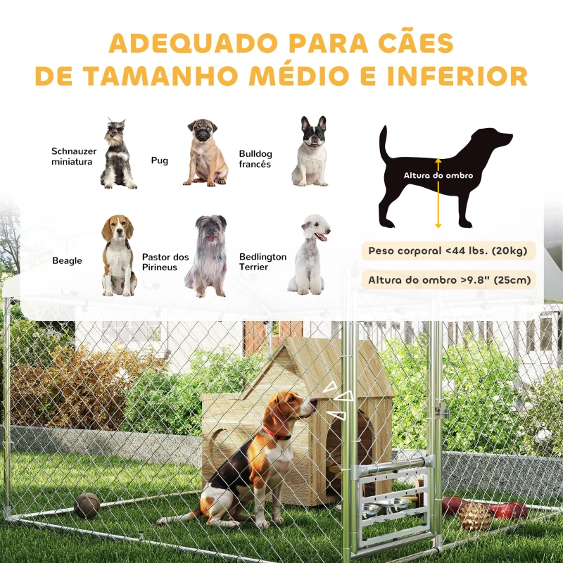 PawHut Canil Exterior com Toldo 2x2x1,54 m Gaiola para Cães em Aço Galvanizado com Suporte para Comida Giratório e Ajustável Prata