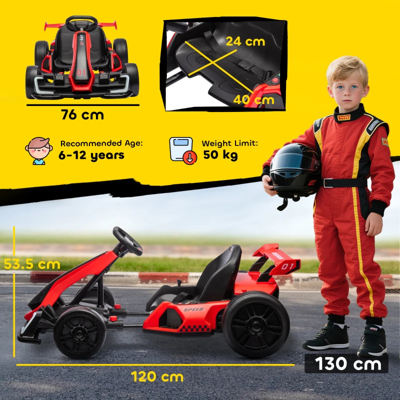 HOMCOM Go-Kart voor Kinderen, Elektrisch Kart met Toeter en Muziekfunctie, Verstelbare Stoel, tot 12 km/u, Kunststof, Metaal, Rood(m-3)