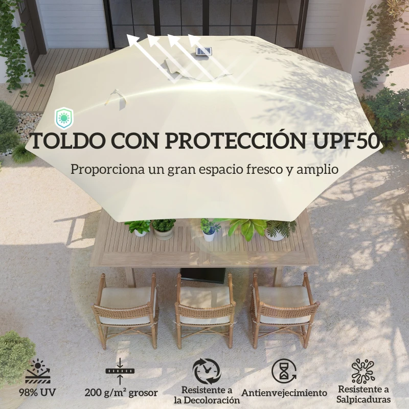 Outsunny Sombrilla Terraza Exterior con Luces LED Protección UV50+ Poste de Aluminio Manivela Techo Ventilado Ø300x256 cm Crema
