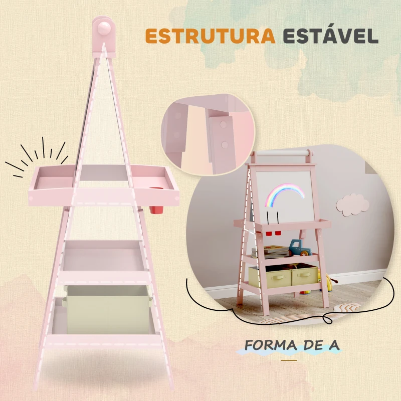 AIYAPLAY Cavalete de Pintura Infantil 3 em 1 Quadro Dupla Face com Rolo de Papel e Cestos de Arrumação Rosa