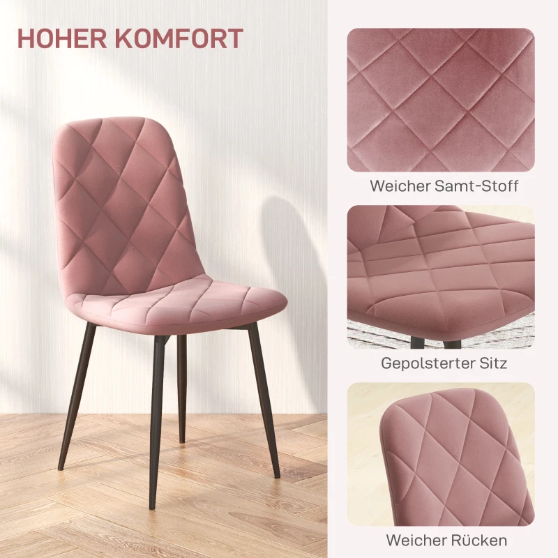 HOMCOM Esszimmerstühle 4er Set Küchenstuhl mit Rückenlehne, Samtoptik, Sessel 45 x 54 x 87 cm Rosa(m-4)