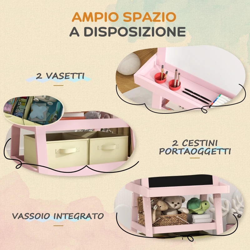 AIYAPLAY Lavagna per Bambini con Cavalletto 3 in 1, Rotolo di Carta e 2 Contenitori, in Legno, 59x48x118 cm, Rosa