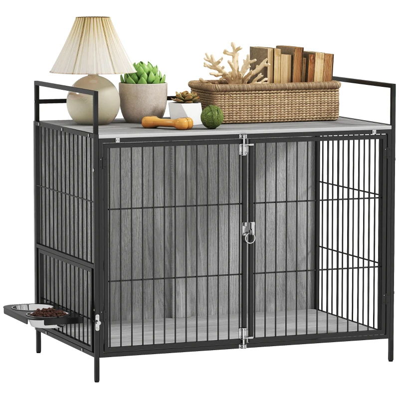 PawHut Large Dog Crate Furniture with Rotating Bowl Holder, 2 Bowls, 2 Doors, for Large Dogs, 100 x 60 x 88 cm, Grey