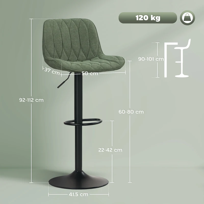 HOMCOM Breakfast Bar Stools Set of 2 Linen upholstery 60-80cm Adjustable Height - Green