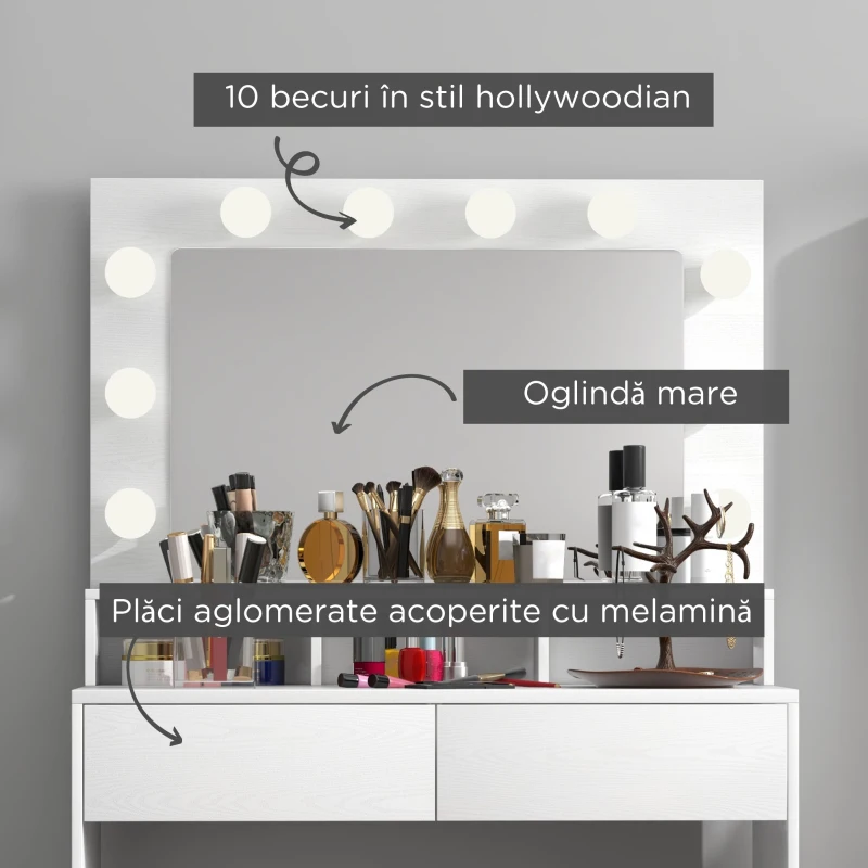 HOMCOM Masă Toaletă cu Oglindă și Lumină Reglabilă, 2 Sertare și 3 Compartimente Alb