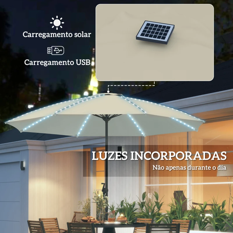 Outsunny Chapéu de Sol de Jardim com Luzes LED Ø300x256 cm Manivela  Proteção UV50+ e Mastro de Alumínio Creme