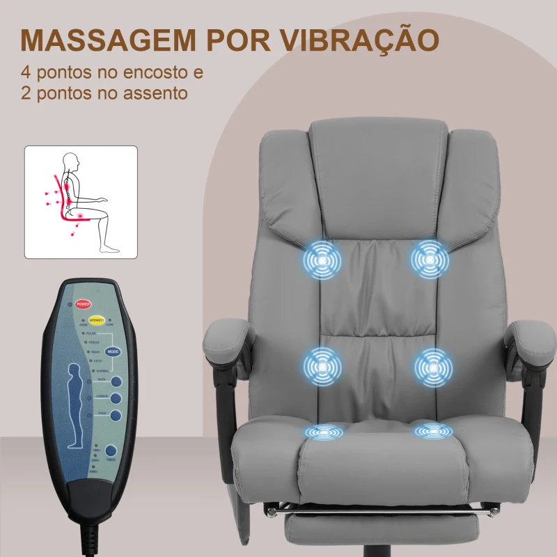 Vinsetto Cadeira de Escritório com Massagem de 6 Pontos Encosto Alto Reclinável Apoio para Pés e Controlo Remoto 66x75x112-122 cm Cinza