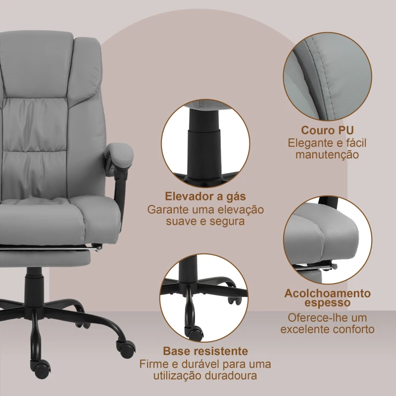 Vinsetto Cadeira de Escritório com Massagem de 6 Pontos Encosto Alto Reclinável Apoio para Pés e Controlo Remoto 66x75x112-122 cm Cinza