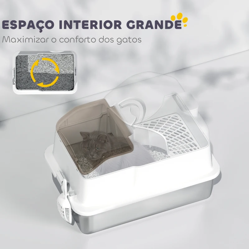 PawHut Caixa de Areia para Gatos Fechada com Bandeja de Aço Inoxidável Tampa Removível Bordos Altos e Pá 60,5x40,5x42 cm Branco