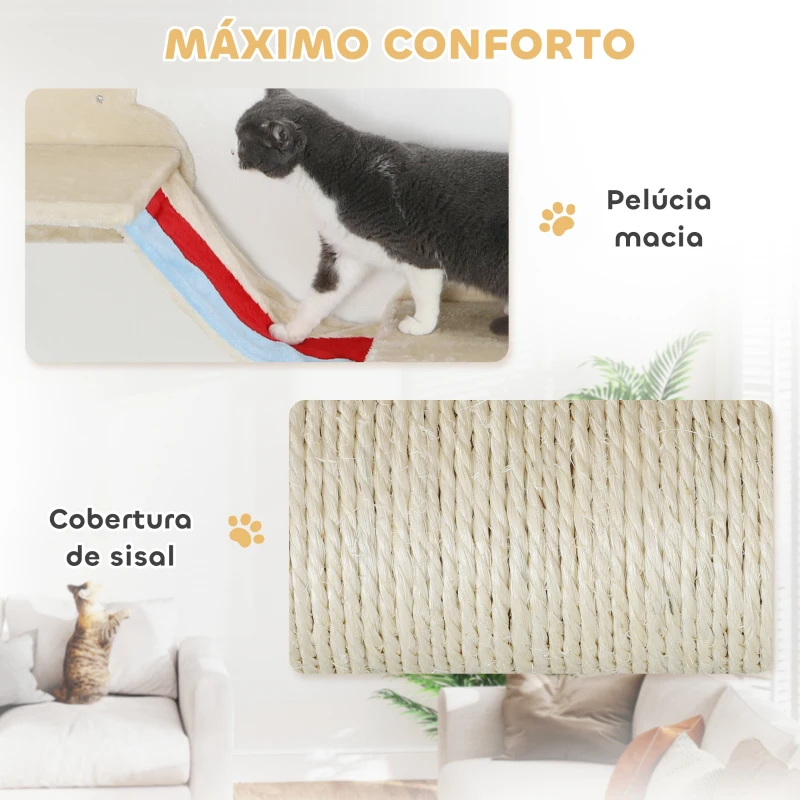 PawHut Conjunto de Prateleiras de Escalada para Gatos de 6 Peças com Rede Plataformas Escadas Tábua de Arranhar e Poste de Sisal Bege