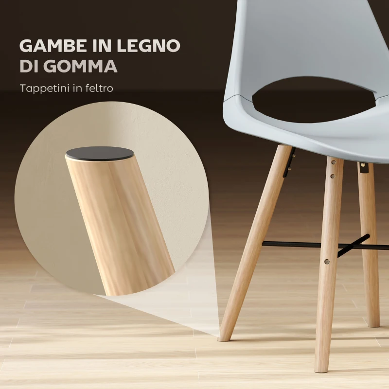 HOMCOM Set di 2 Sedie da Pranzo in Plastica e Legno Stile Nordico con Schienale Curvato, Grigio
