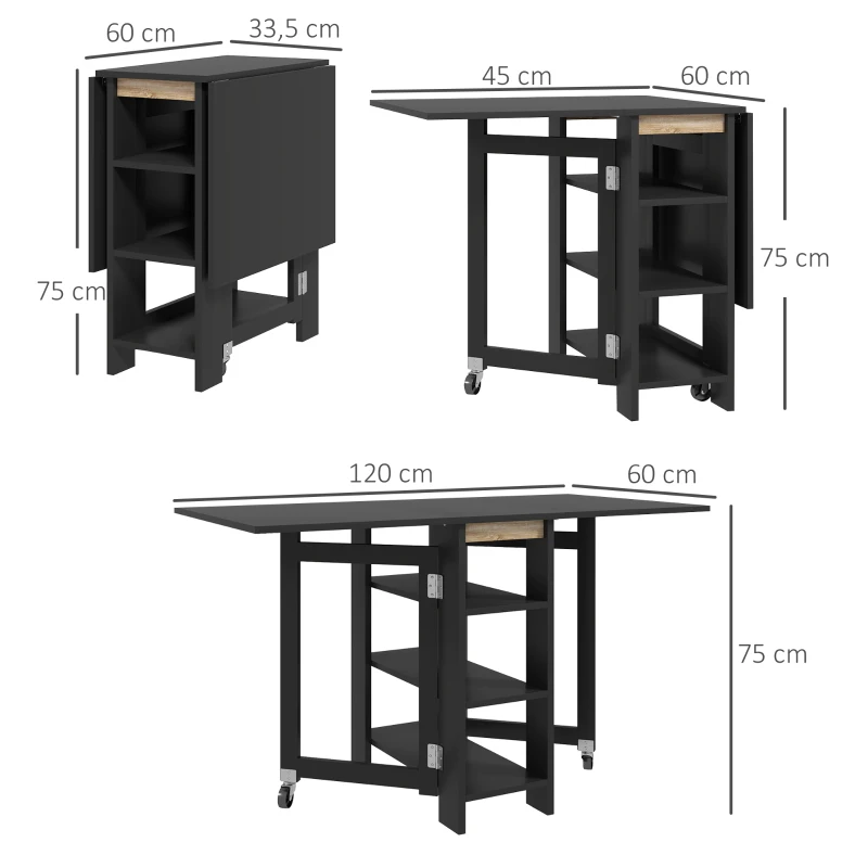 HOMCOM Mesa de Cozinha com Laterais Dobráveis Mesa de Refeição com 2 Rodas e Prateleiras Estilo Moderno 120x60x75 cm Preto