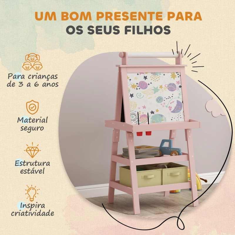 AIYAPLAY Cavalete de Pintura Infantil 3 em 1 Quadro Dupla Face com Rolo de Papel e Cestos de Arrumação Rosa