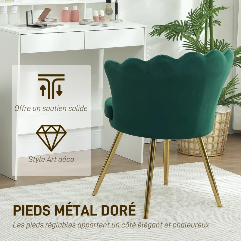 HOMCOM Fauteuil coquillage chaise coiffeuse fauteuil en velours fauteuil de salon avec pieds en métal doré vert