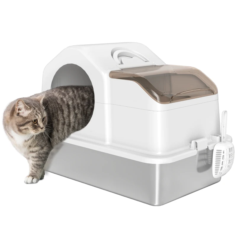 PawHut Caixa de Areia para Gatos Fechada com Bandeja de Aço Inoxidável Tampa Removível Bordos Altos e Pá 60,5x40,5x42 cm Branco